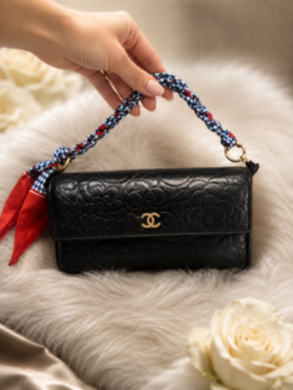 Authentic Chanel Camellia Embossed Clutch , Excellent